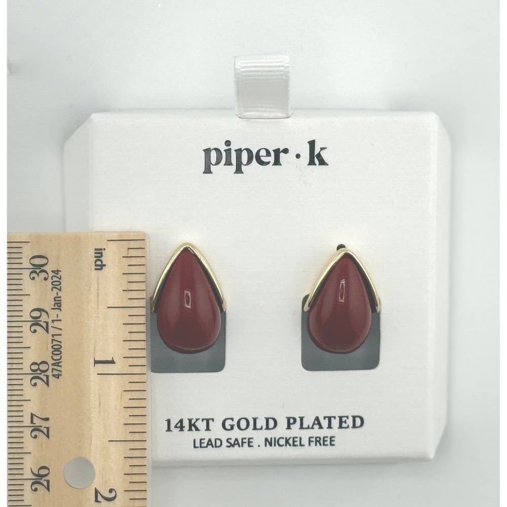 Piper K 14KT Gold Plate Burgundy Red Teardrop Stud Earrings NWT Lead Nickel Free